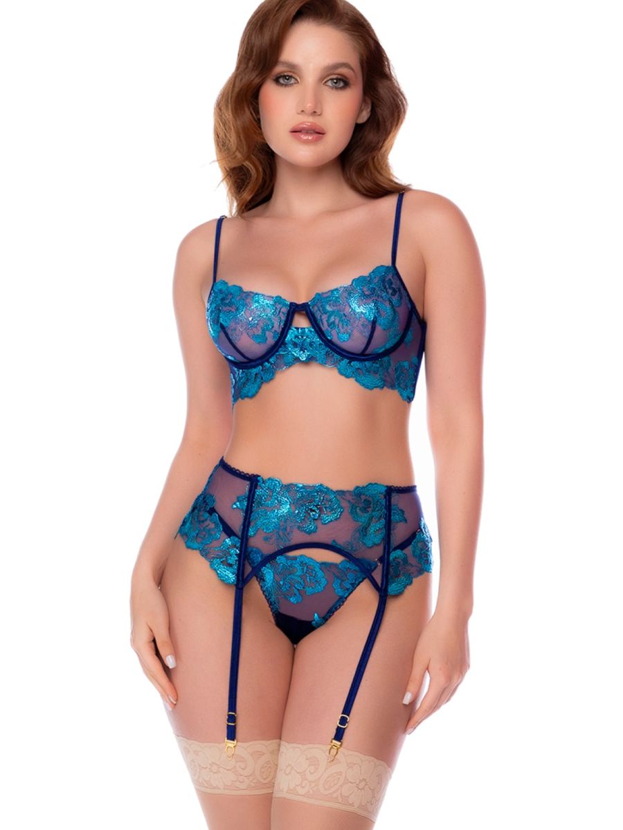 Midnight blue three-piece lingerie set with blue floral lace trim, underwire bra, panties, and garter belt.