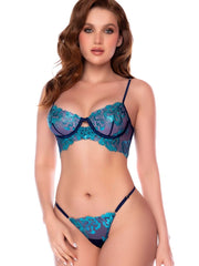 Midnight blue lingerie set with turquoise floral lace overlay on a bra and thong.