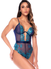 Midnight blue mesh teddy featuring teal floral embroidery, adjustable straps, and a center front cutout.