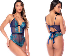 Midnight blue teddy featuring sheer mesh, turquoise lace appliques, a cutout front, and satin tie back.