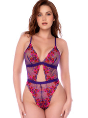 Purple sheer teddy with colorful floral embroidery, cutout waist, and thin straps.