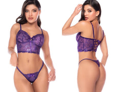 Two-piece violet lingerie set with floral embroidery, featuring a bustier crop top and matching thong.