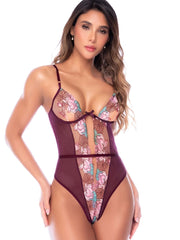 Raspberry pink teddy featuring sheer mesh, deep V-neck, and pink and brown floral embroidery down the center.