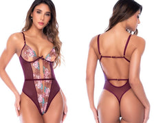 Raspberry pink floral embroidered teddy with mesh panels, deep V-neck, and thong back.
