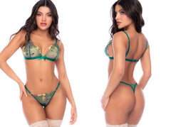 Aurora green two-piece lingerie set with floral embroidery on sheer fabric, thong bottom, and stockings.
