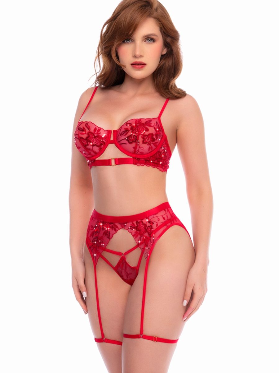 Scarlet red three-piece lingerie set with floral embroidery, underwire bra, garter belt, and matching panty.