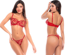 Ruby red two-piece lingerie set with floral lace bra and matching thong.