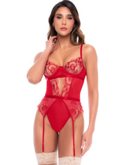Ruby red lace teddy with integrated garters, sheer mesh panels, and floral embroidery.