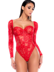 Red lace long-sleeve bodysuit with underwire cups and strapless-style neckline.