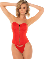 Liquid red corset lingerie set with front zipper and matching thong.