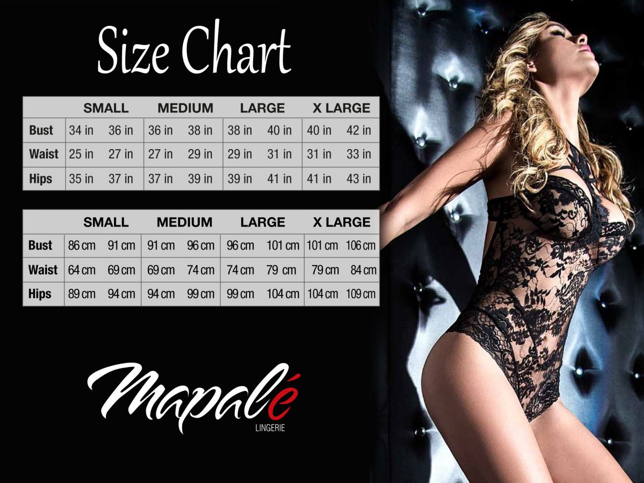Black lace two-piece lingerie set with sheer floral pattern and strappy neckline next to a size chart.