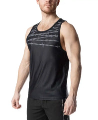 Black athletic tank top with subtle silver barbed wire pattern across chest and matching side seam detailing