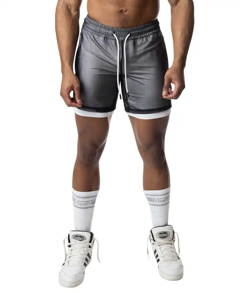 Gray blur rugby short athletic shorts with shiny reflective finish and white drawstrings designed for performance