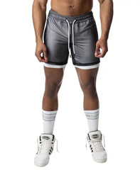 Gray blur rugby short athletic shorts with shiny reflective finish and white drawstrings designed for performance