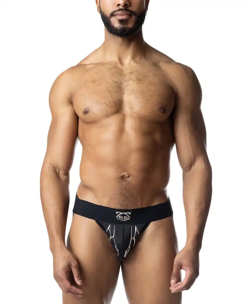 Black barbed wire jockstrap with white lightning bolt design and logo on the waistband athletic briefs