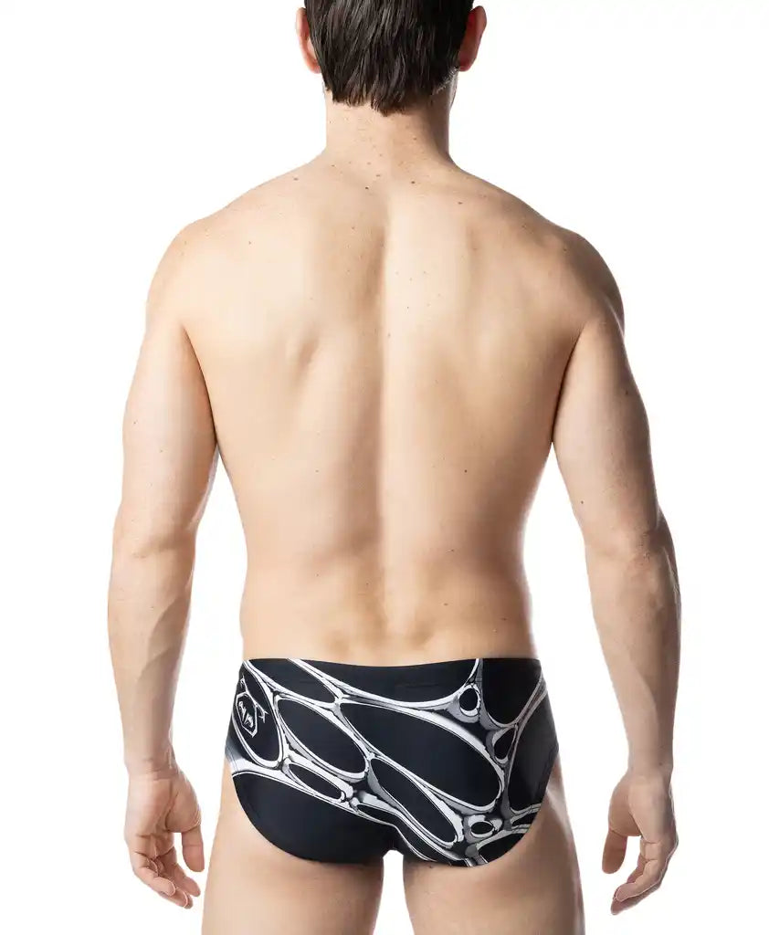 Black chromium bikini swim trunks with bold white abstract interconnected organic pattern