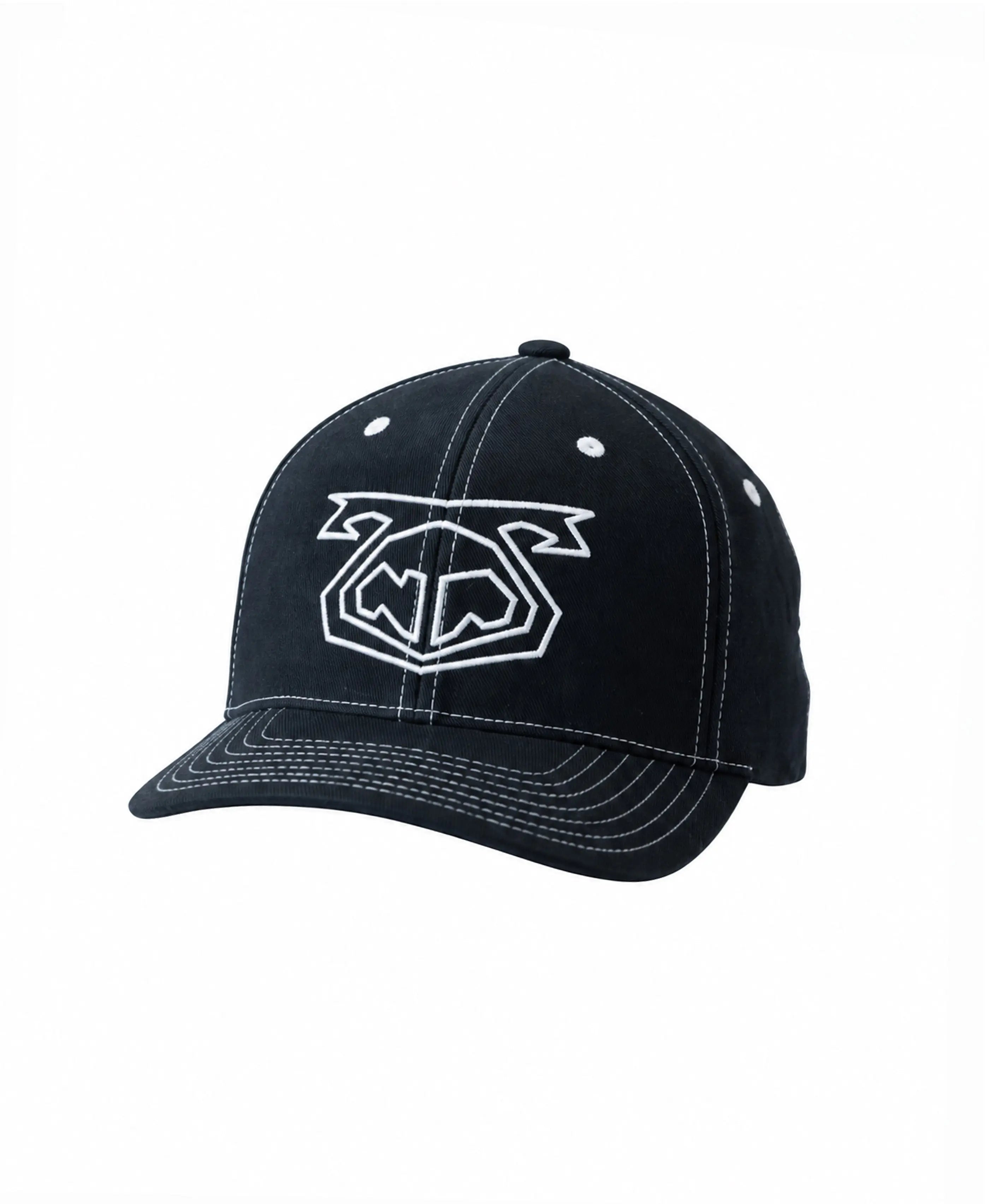 Black baseball cap with white embroidered logo and white contrast stitching by Nasty Pig