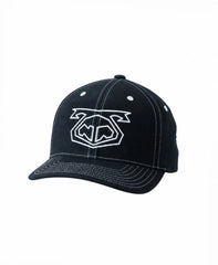Black baseball cap with white embroidered logo and white contrast stitching by Nasty Pig