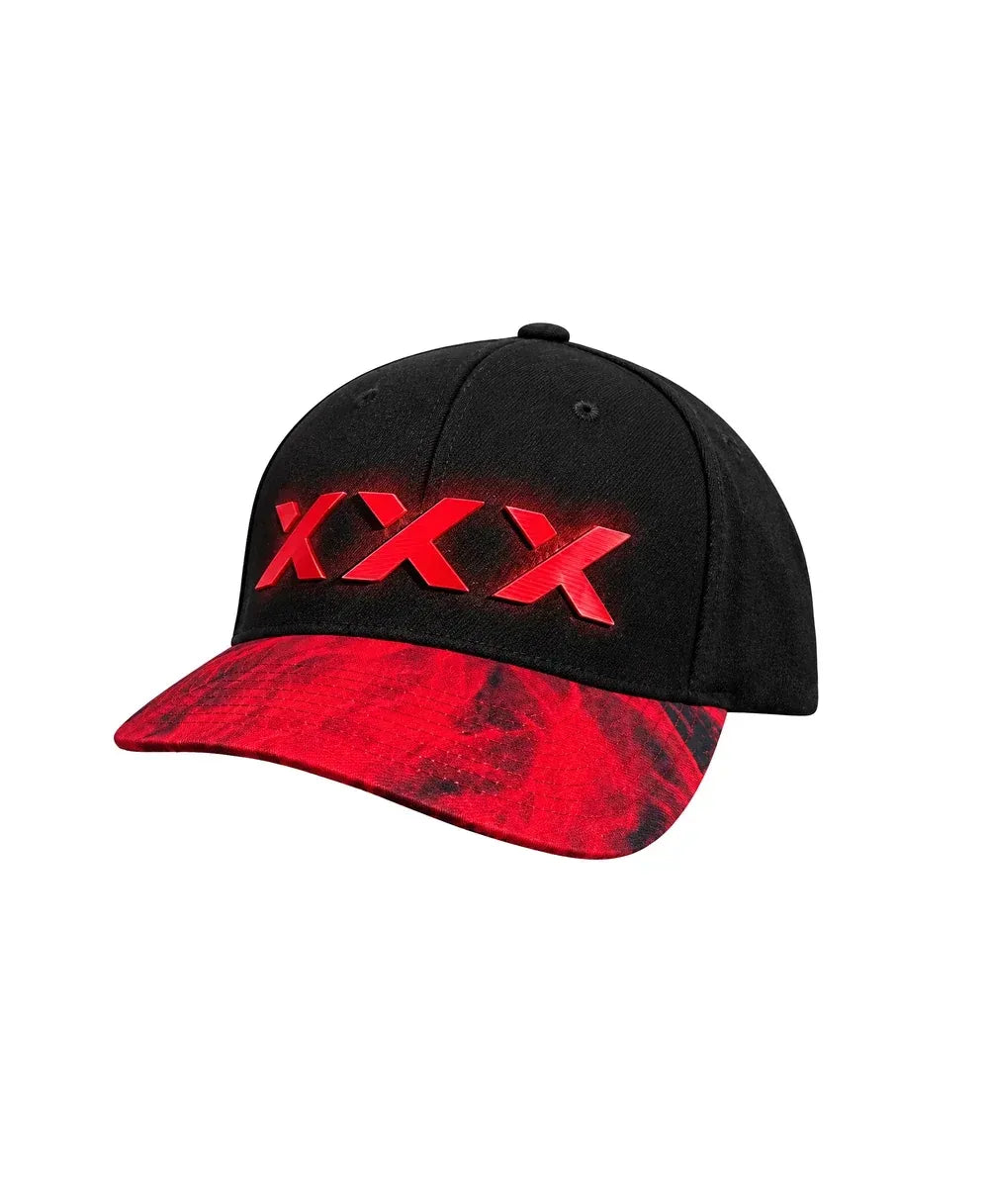 Black and red baseball cap with red 3D XXX logo on front and red flame pattern on brim by Nasty Pig