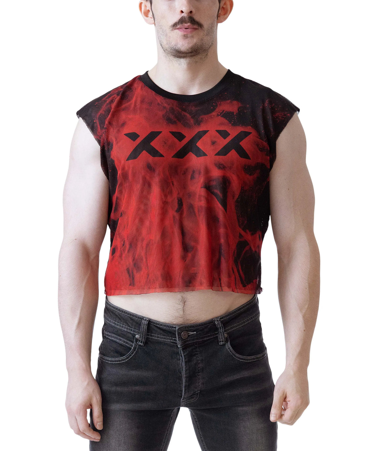 Red and black sleeveless crop top with flame pattern and black XXX print worn by a male model by Nasty Pig