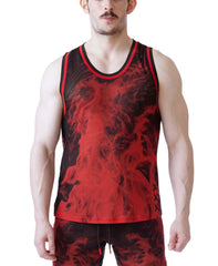 Male model wearing a sleeveless red and black mesh tank top with flame pattern and red trim by Nasty Pig