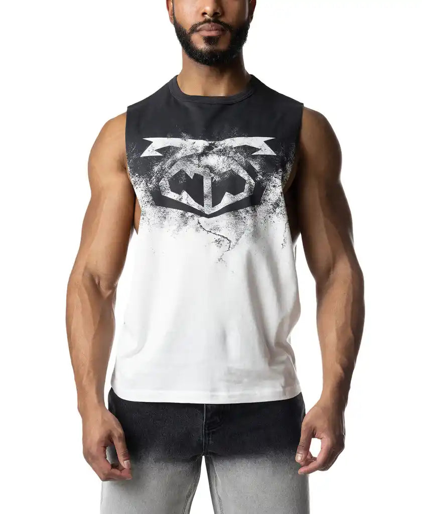 Oxidize Brandmark Shredder black and white distressed Batman logo sleeveless tank top for casual wear