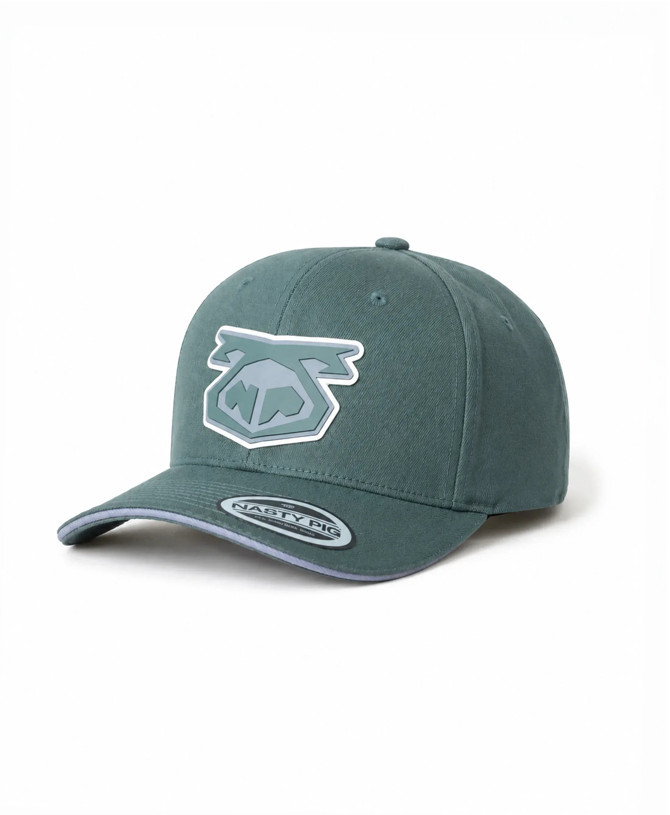 Army green baseball cap with curved brim and stitched panels featuring a grey and white stylized logo patch on front by Nasty Pig