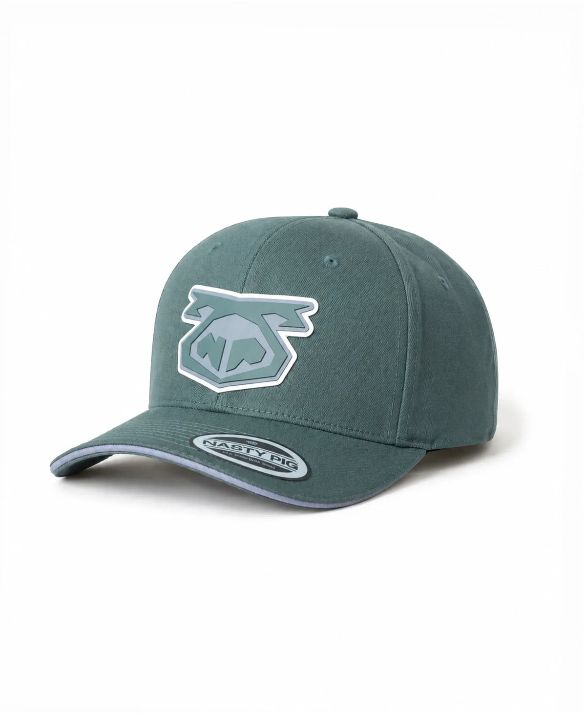 Army green baseball cap with curved brim and stitched panels featuring a grey and white stylized logo patch on front by Nasty Pig