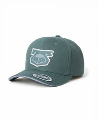 Army green baseball cap with curved brim and stitched panels featuring a grey and white stylized logo patch on front by Nasty Pig