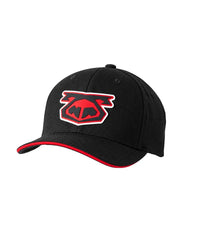 Black baseball cap with red and white pig snout logo patch on front and red trim on edge by Nasty Pig