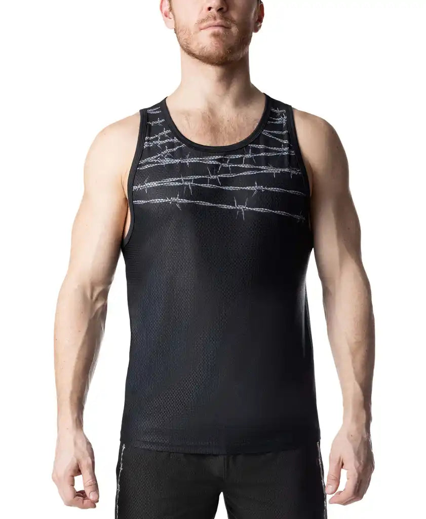 Black athletic tank top featuring a subtle silver barbed wire pattern across the chest for active wear