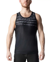 Black athletic tank top featuring a subtle silver barbed wire pattern across the chest for active wear