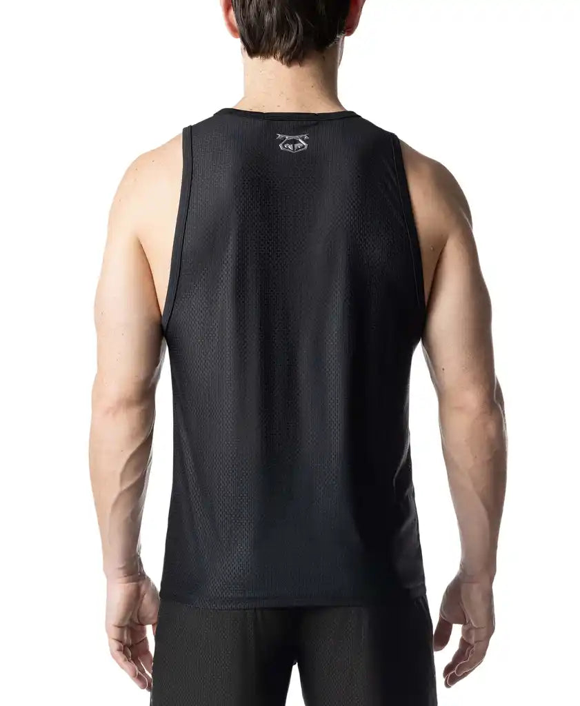 Black mesh barbed wire tank top with a small white logo at the neckline for athletic wear