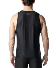 Black mesh barbed wire tank top with a small white logo at the neckline for athletic wear