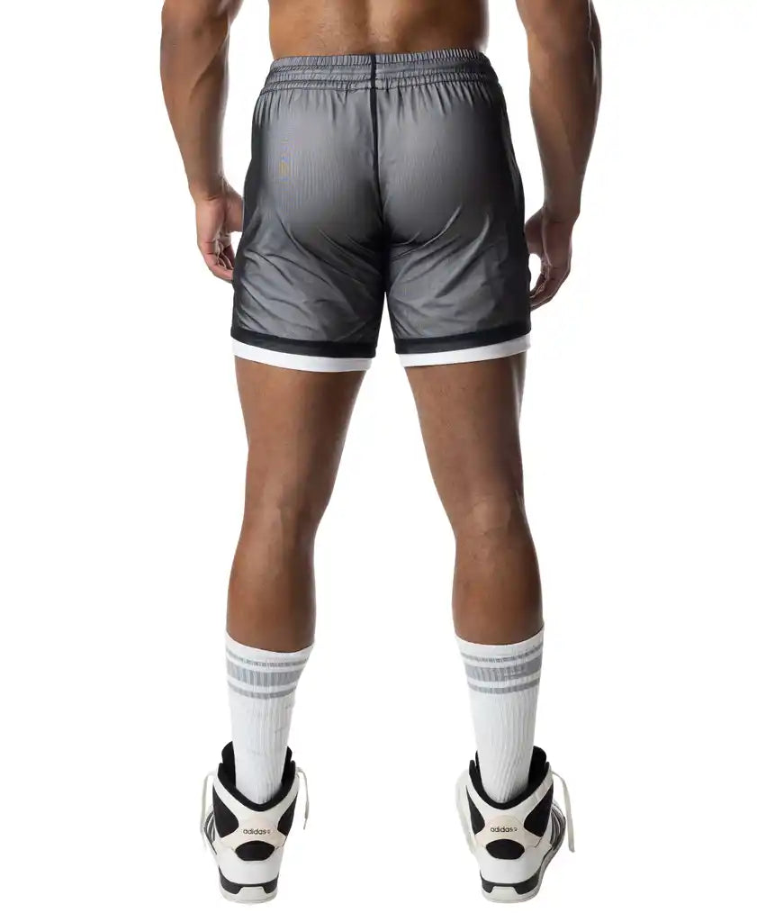 Gray blur rugby short with shiny reflective finish and contrasting white trim along the hem