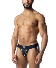 Black and white patterned barbed wire jockstrap briefs with bold stylized logo waistband front view