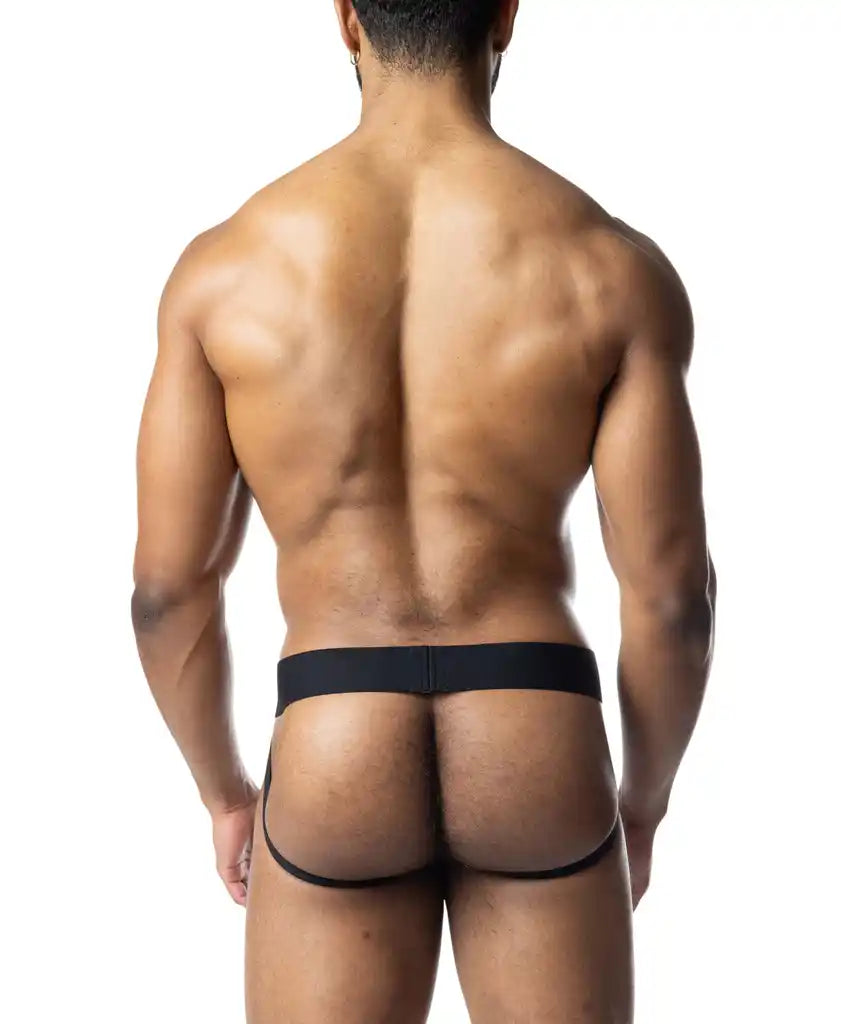Black barbed wire jockstrap with narrow waistband and leg openings designed for athletic support