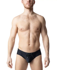 Black chromium bikini swim trunks with drawstring waistband designed for comfortable beachwear