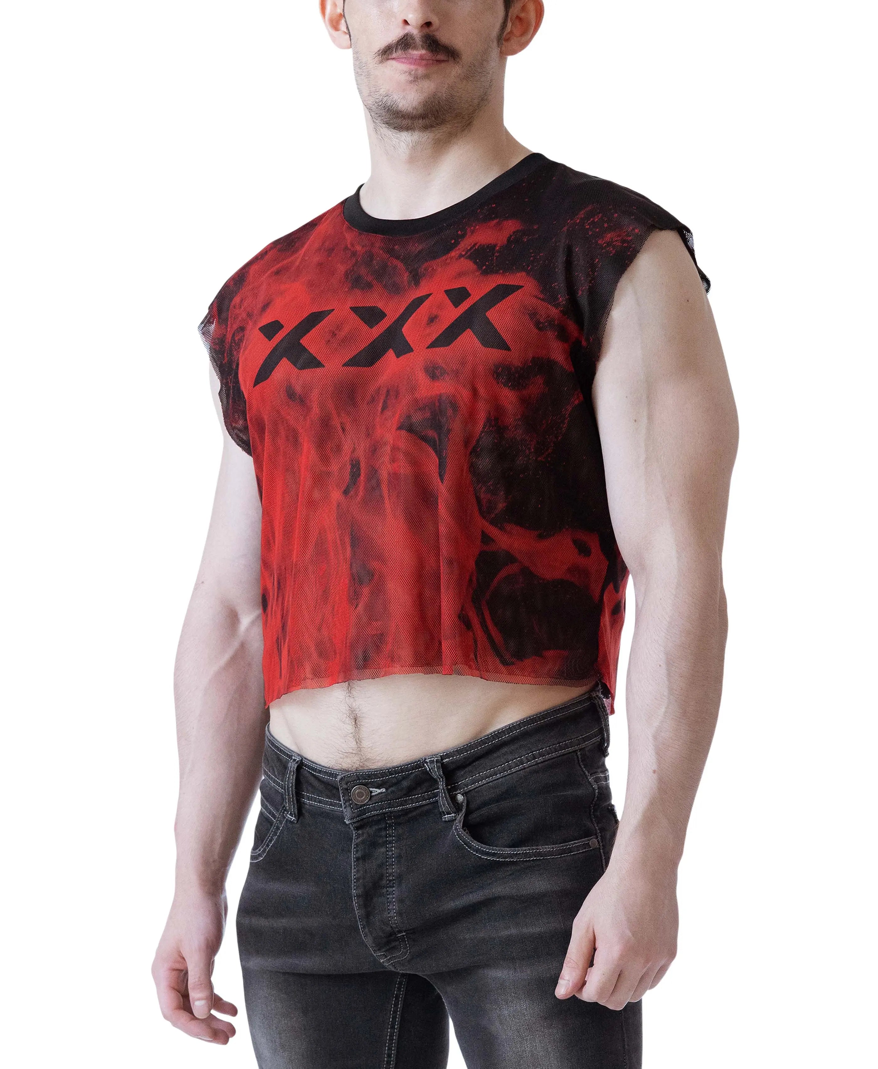 Close-up of a man wearing a sleeveless red and black mesh crop top with flame pattern and black XXX print by Nasty Pig