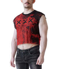 Close-up of a man wearing a sleeveless red and black mesh crop top with flame pattern and black XXX print by Nasty Pig