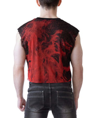 Back view of a person wearing a sleeveless red and black mesh crop top with flame-like pattern by Nasty Pig