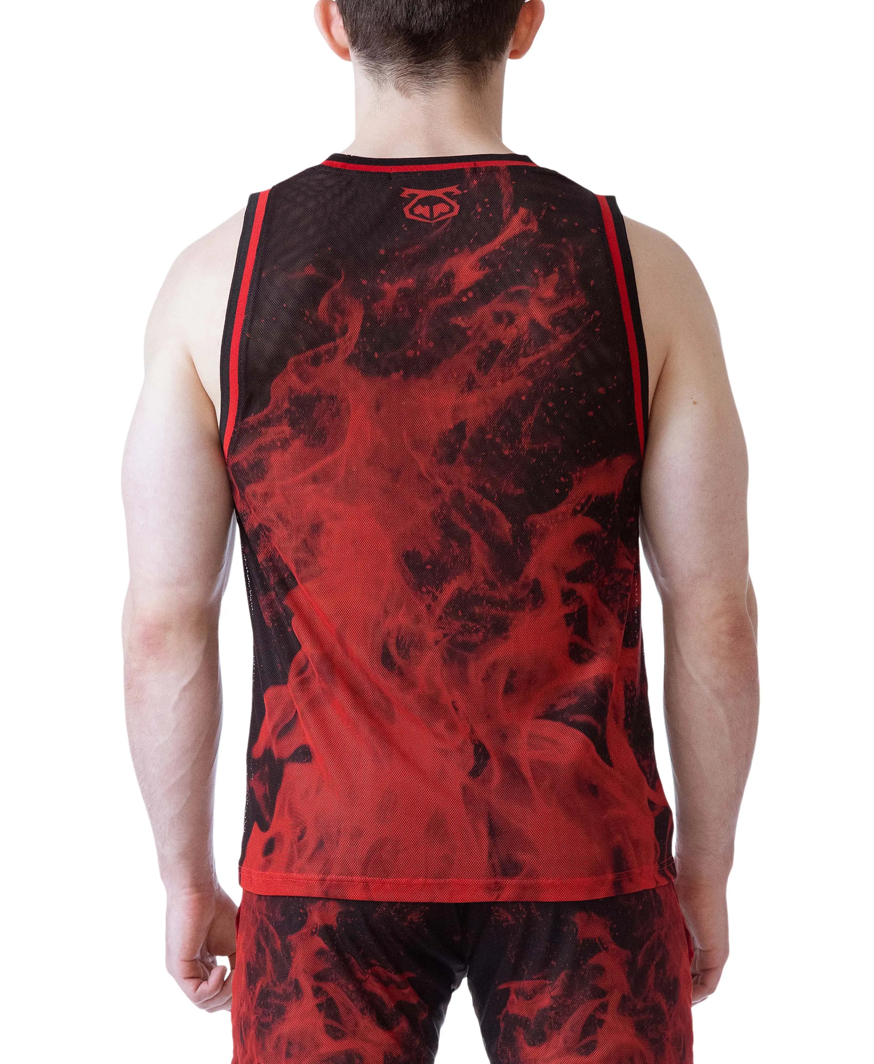 Back view of a person wearing a black and red mesh tank top with flame pattern and red trim by Nasty Pig