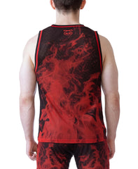 Back view of a person wearing a black and red mesh tank top with flame pattern and red trim by Nasty Pig