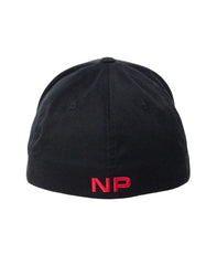 Black fitted cap with red embroidered NP logo on back by Nasty Pig