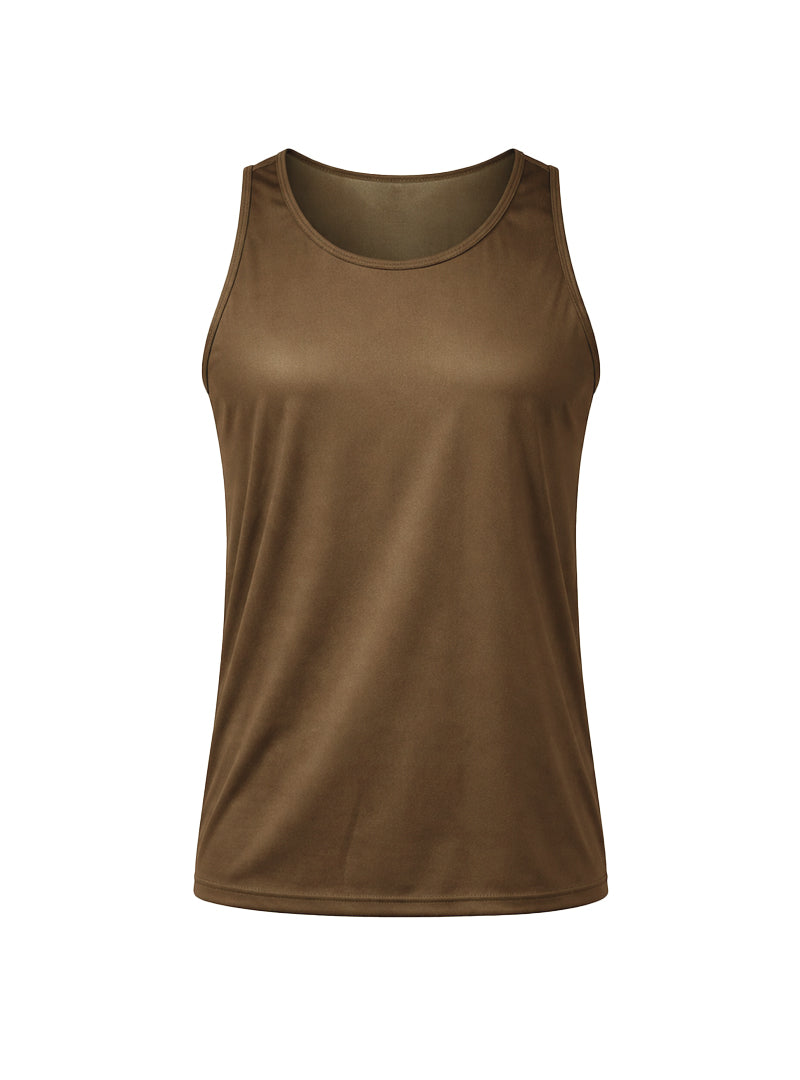 A sleek olive green nylon tricot sleeveless athletic tank top with a rounded neckline and smooth fabric