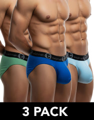Three-pack of Wildman Big Boy cotton briefs in sage, royal blue, and light blue with a branded black waistband.