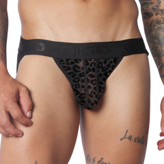 Black jockstrap with a sheer leopard-print mesh pouch and a branded elastic waistband.