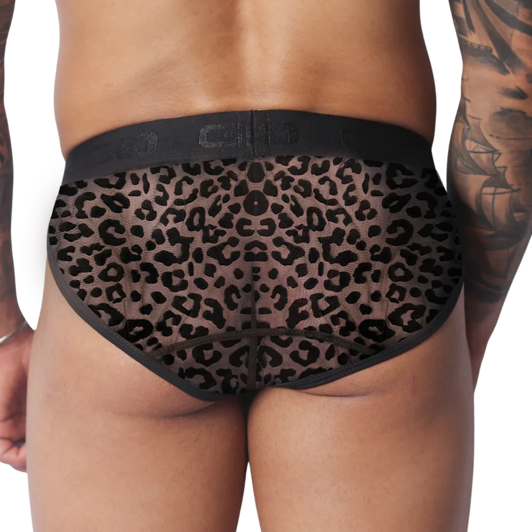 Sheer leopard print briefs with black trim and a wide, logo-branded elastic waistband.