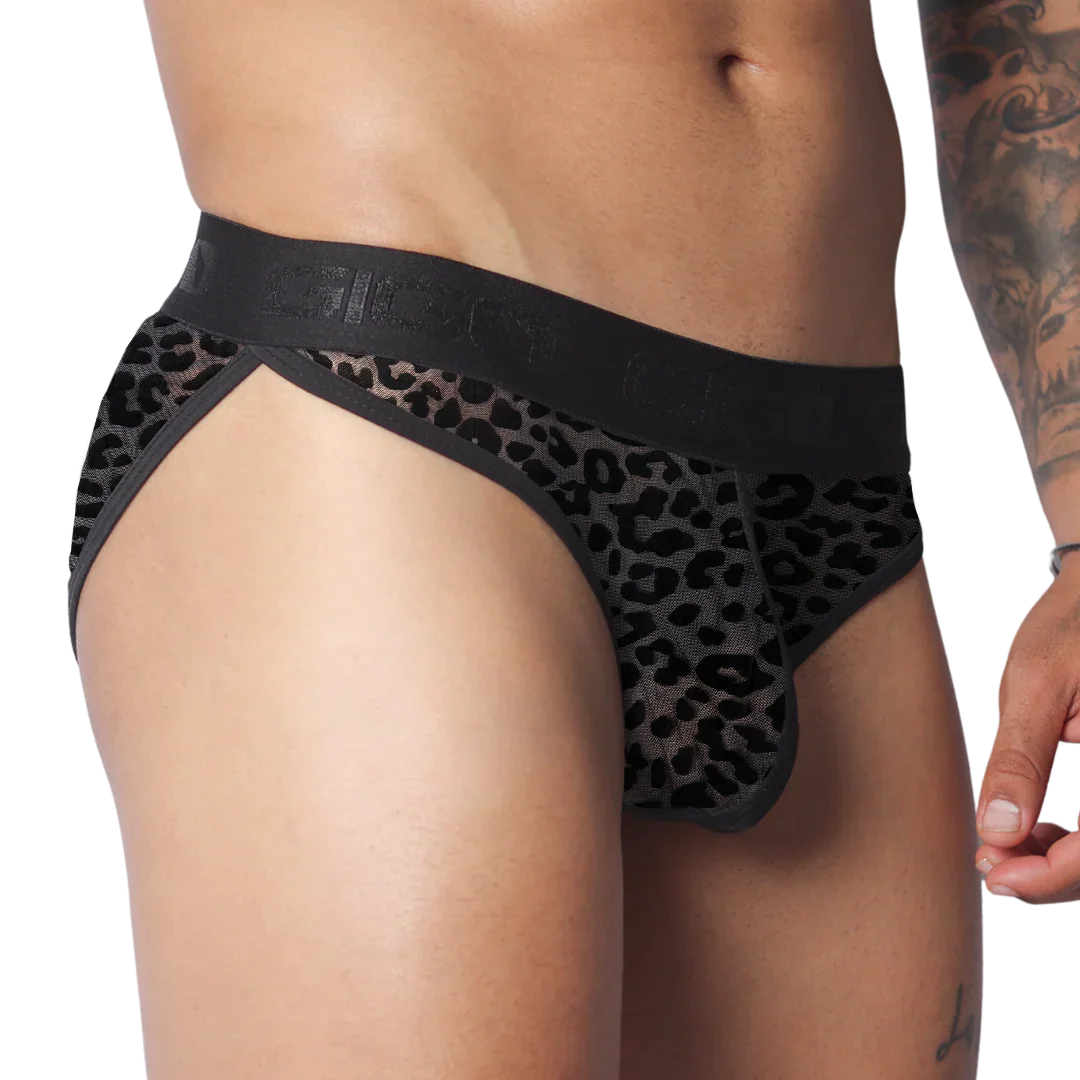 Black mesh brief with a tonal leopard pattern, high-cut style, and a branded elastic waistband.