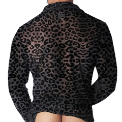 Black sheer long-sleeve Gigo plush shirt featuring a dark grey animal leopard print pattern.
